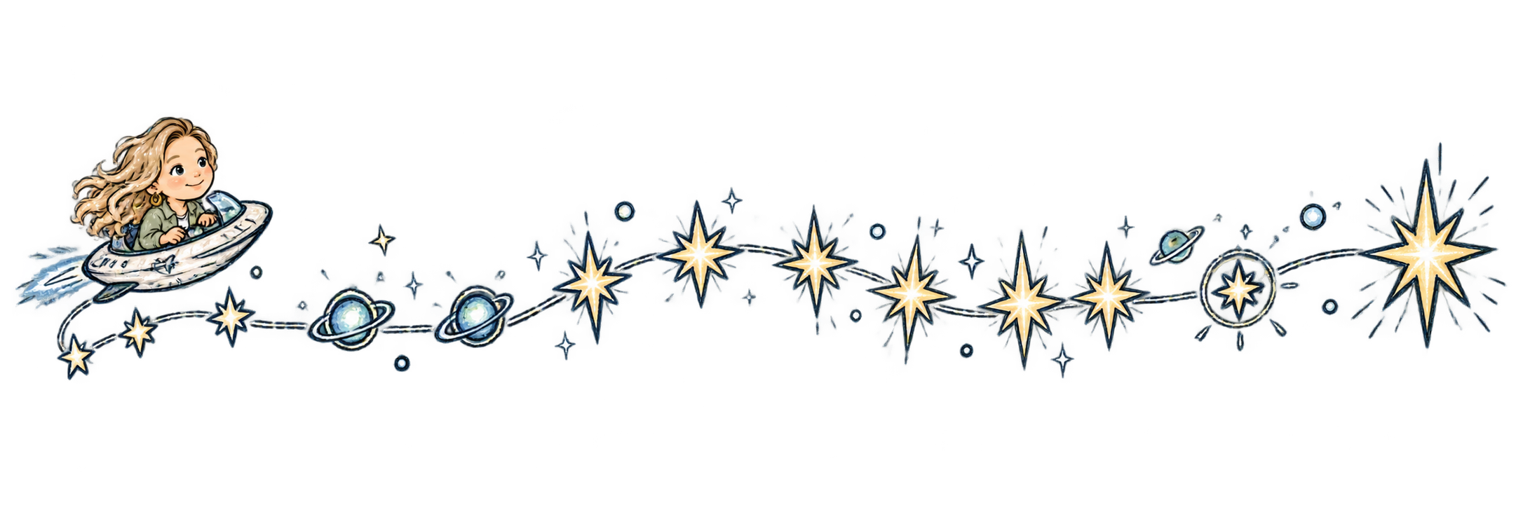 Hand-drawn star map of the series. A winding path runs from left to right with one star per episode. 
                            Small plain stars mark the origin episodes, ringed stars mark the deep dives, the largest 
                            and brightest stars mark the field stories, a burst marks the special event, and a large radiating star 
                            at the end marks the finale.
