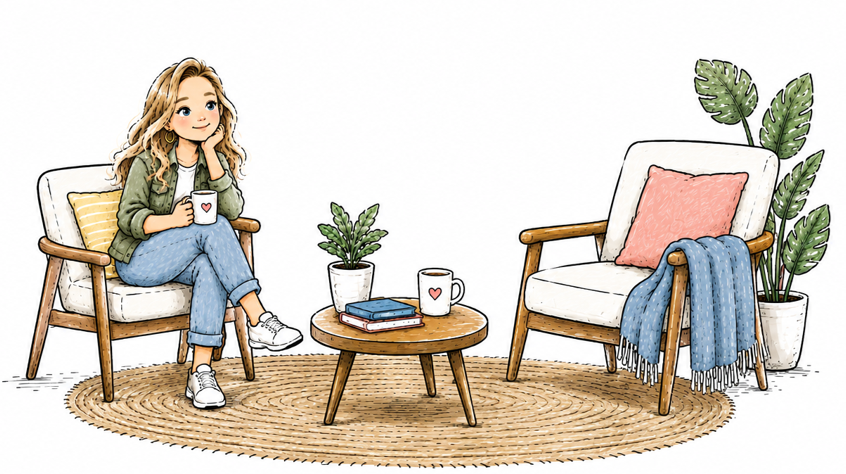 Illustration of Kim sitting beside an empty chair