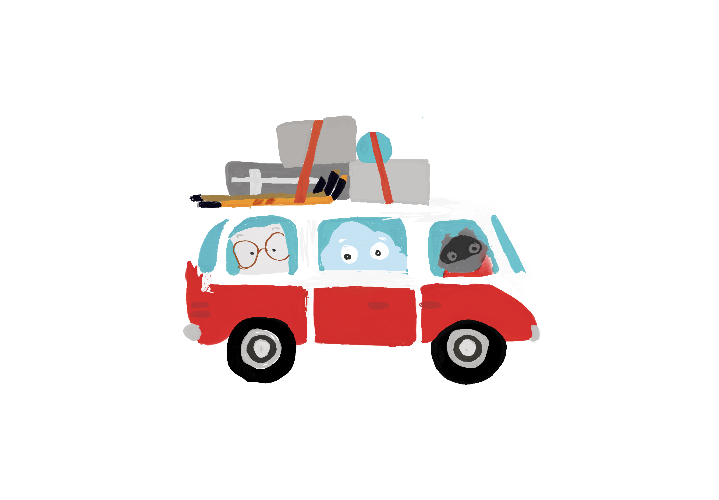 Drawing of tour bus with three characters sitting inside